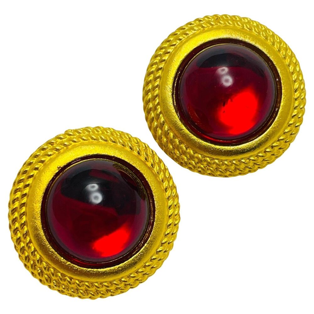Vintage MAEVE CARR signed gold tone red glass designer clip on earrings